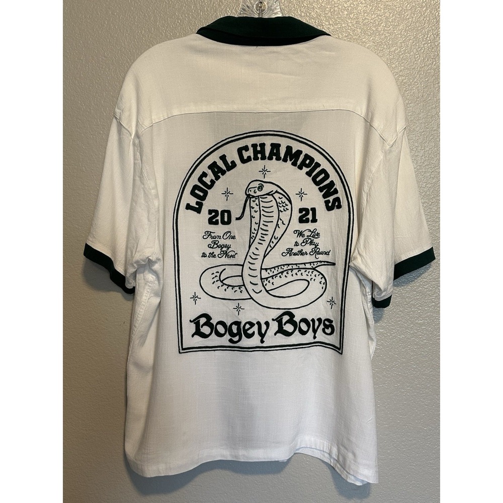 Bogey Boys Embroidered Golf Button Camp Shirt Macklemore Men L White Green Cobra